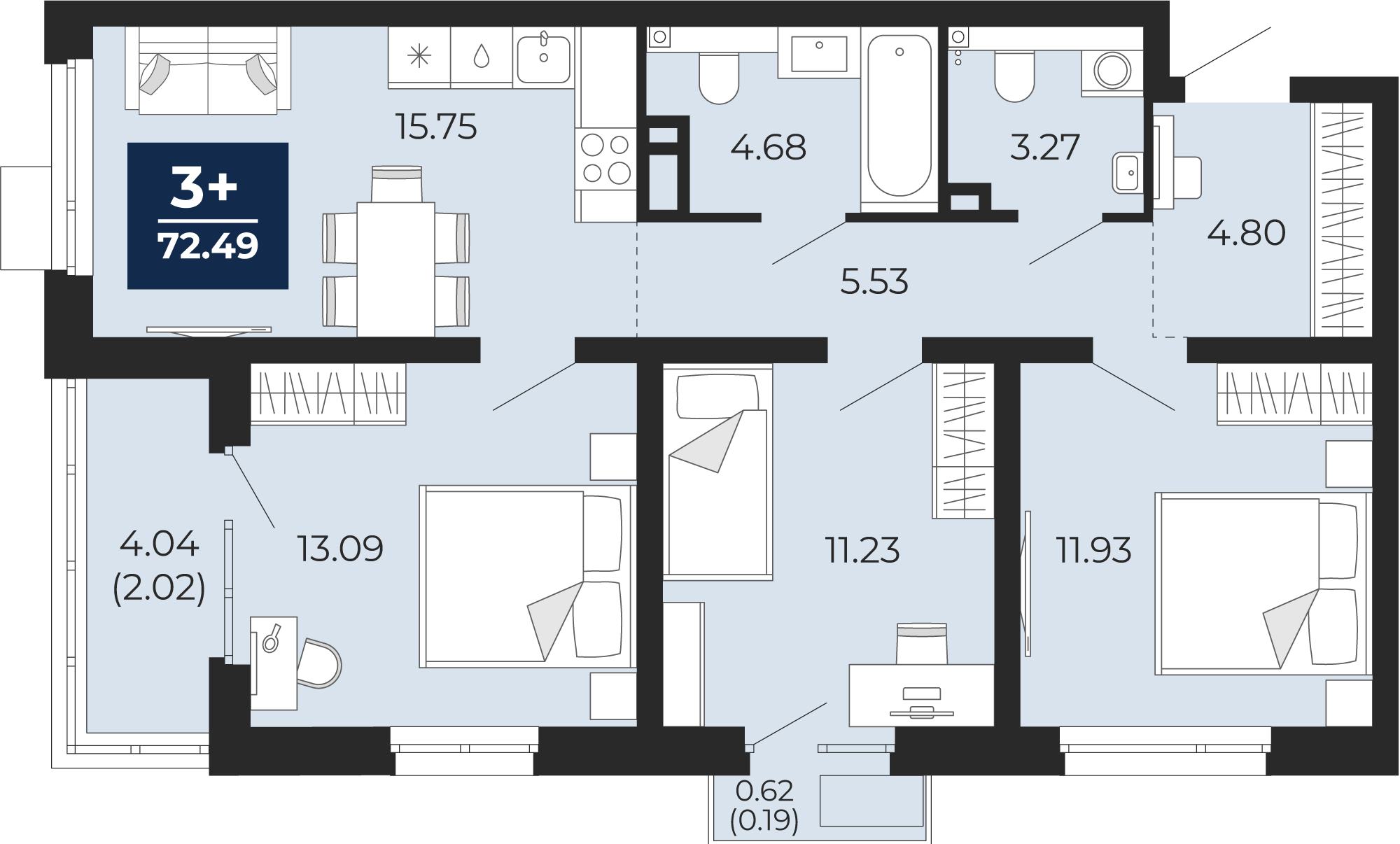 Квартира № 322, 3-комнатная, 72.49 кв. м, 2 этаж