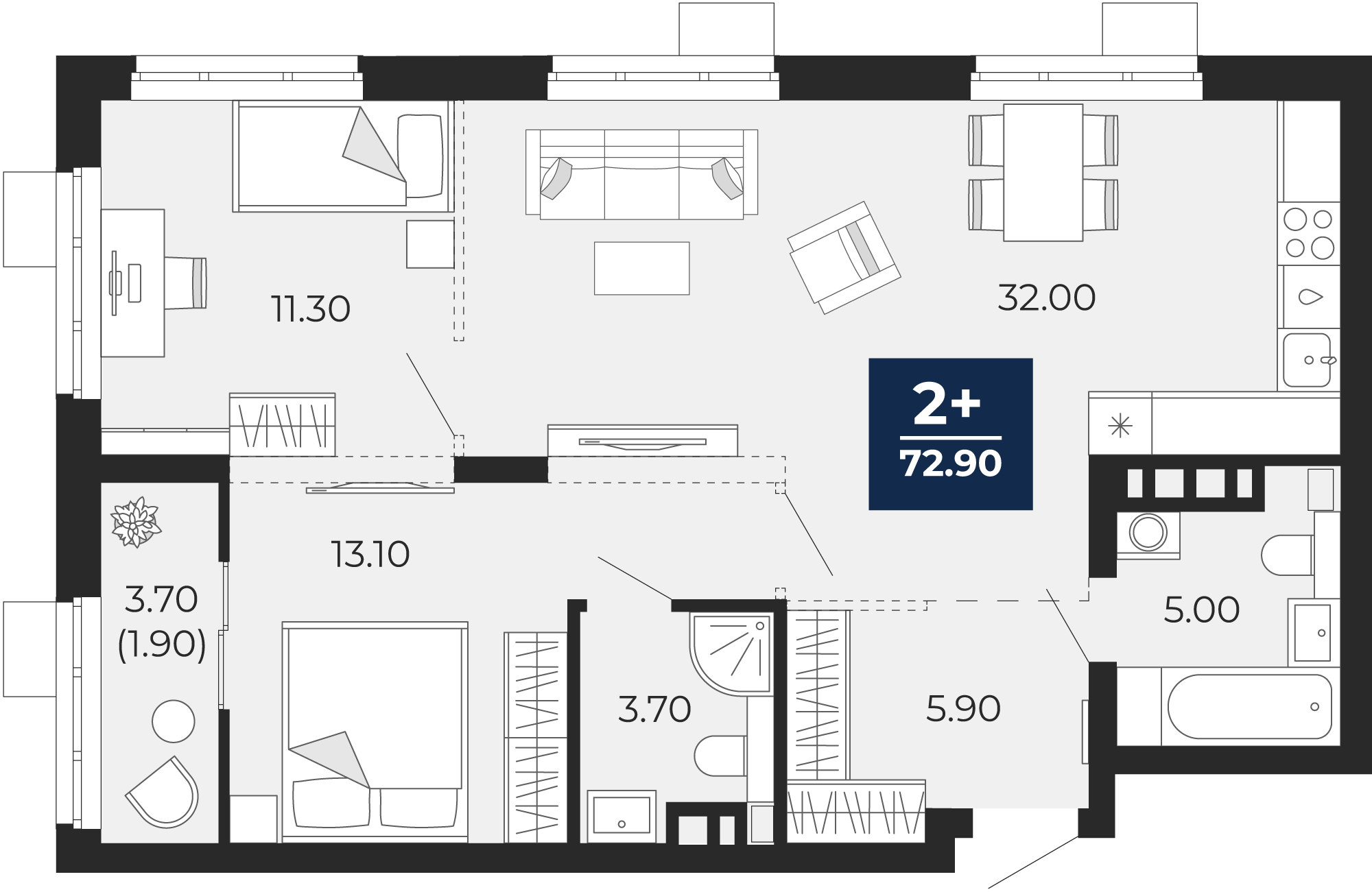 Квартира № 446, 2-комнатная, 72.9 кв. м, 3 этаж