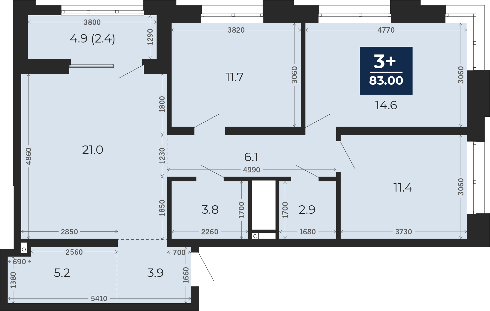 Квартира № 9, 3-комнатная, 85.5 кв. м, 3 этаж