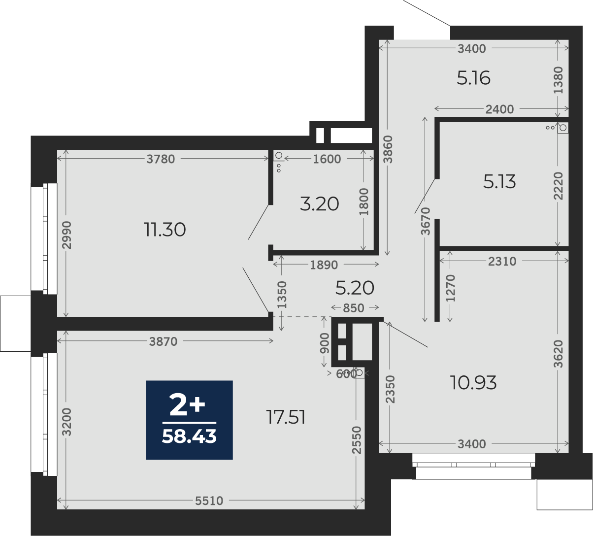 Квартира № 1, 2-комнатная, 58.43 кв. м, 1 этаж