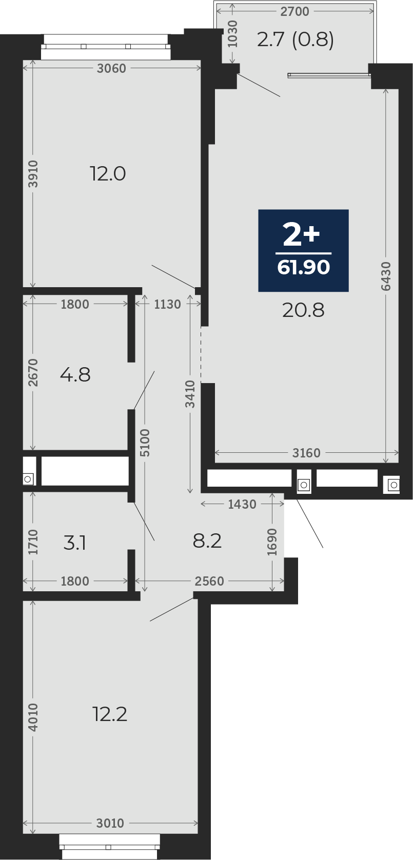 Квартира № 361, 2-комнатная, 63.8 кв. м, 16 этаж