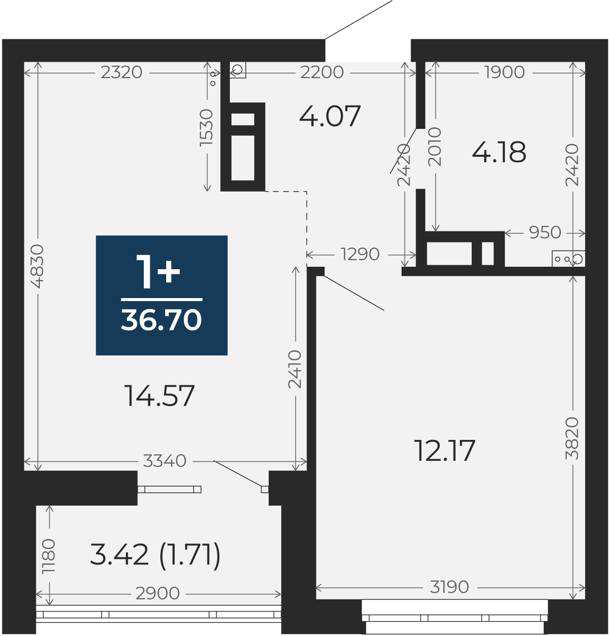 Квартира № 88, 1-комнатная, 36.7 кв. м, 12 этаж