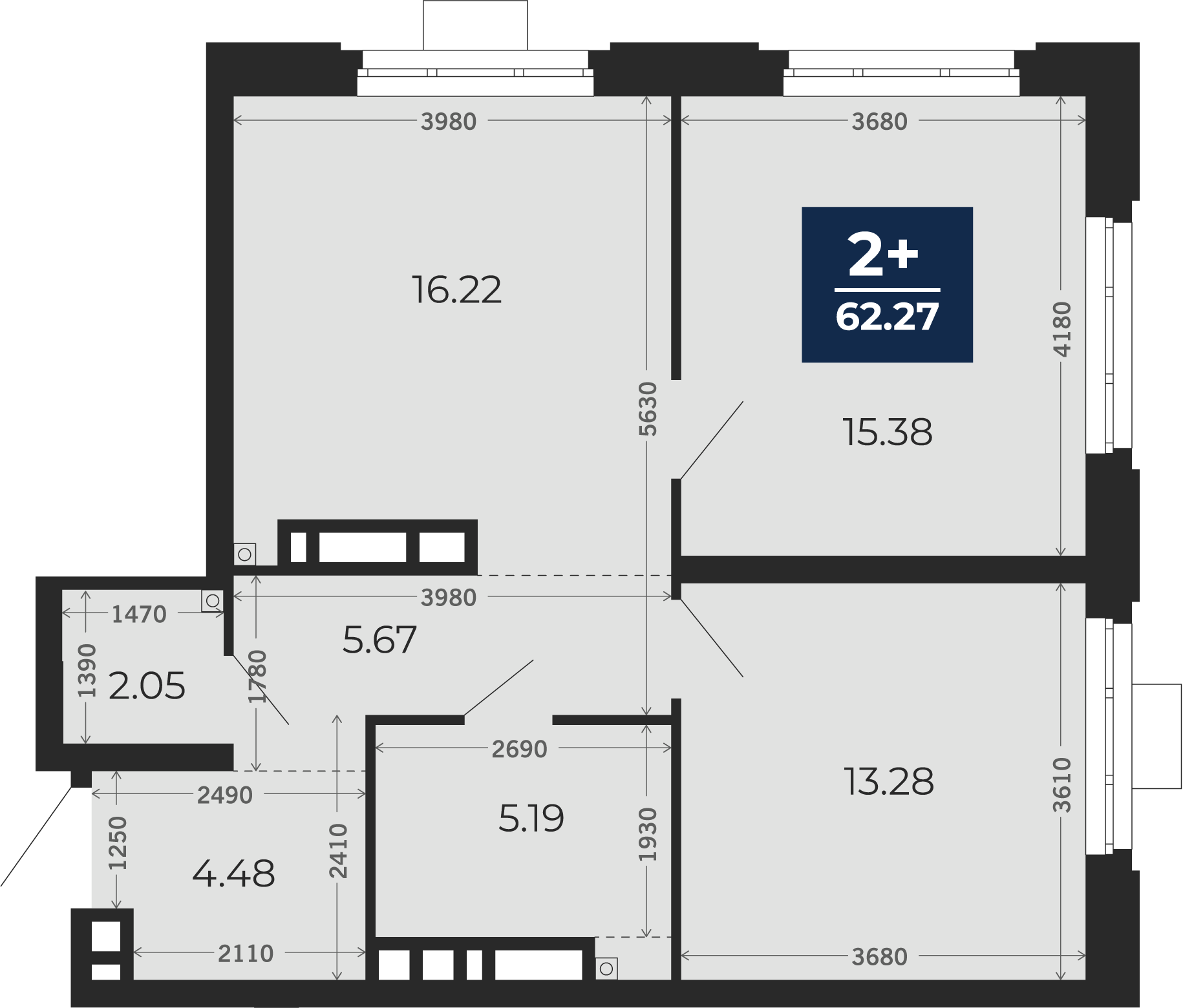 Квартира № 299, 2-комнатная, 62.27 кв. м, 3 этаж