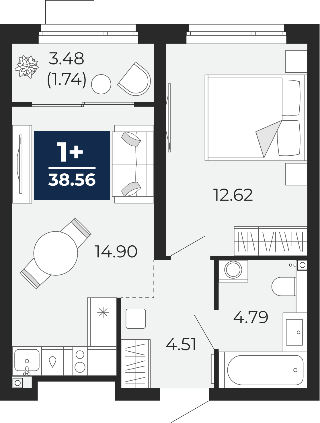 Квартира № 121, 1-комнатная, 38.56 кв. м, 2 этаж