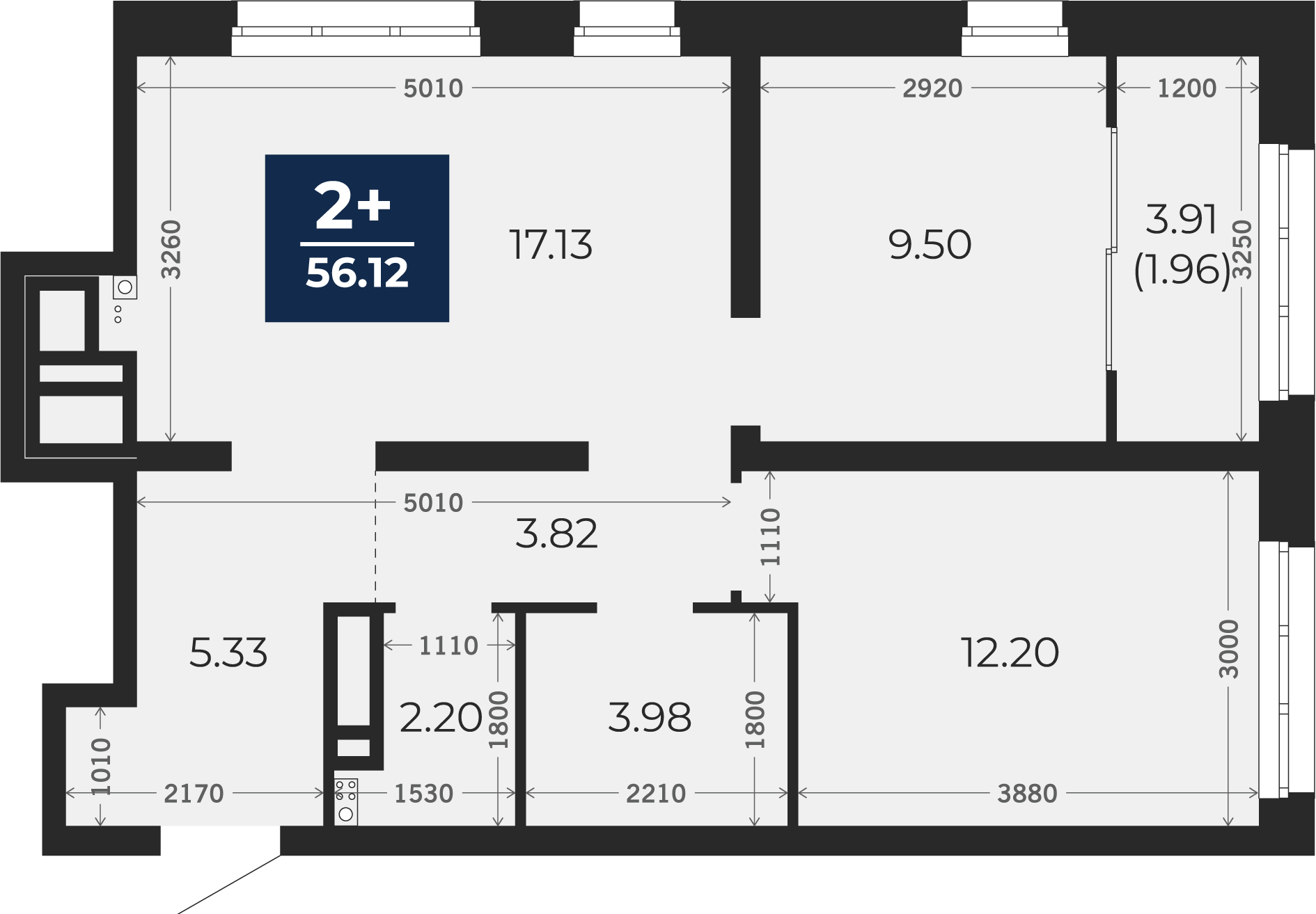 Квартира № 77, 2-комнатная, 56.12 кв. м, 3 этаж