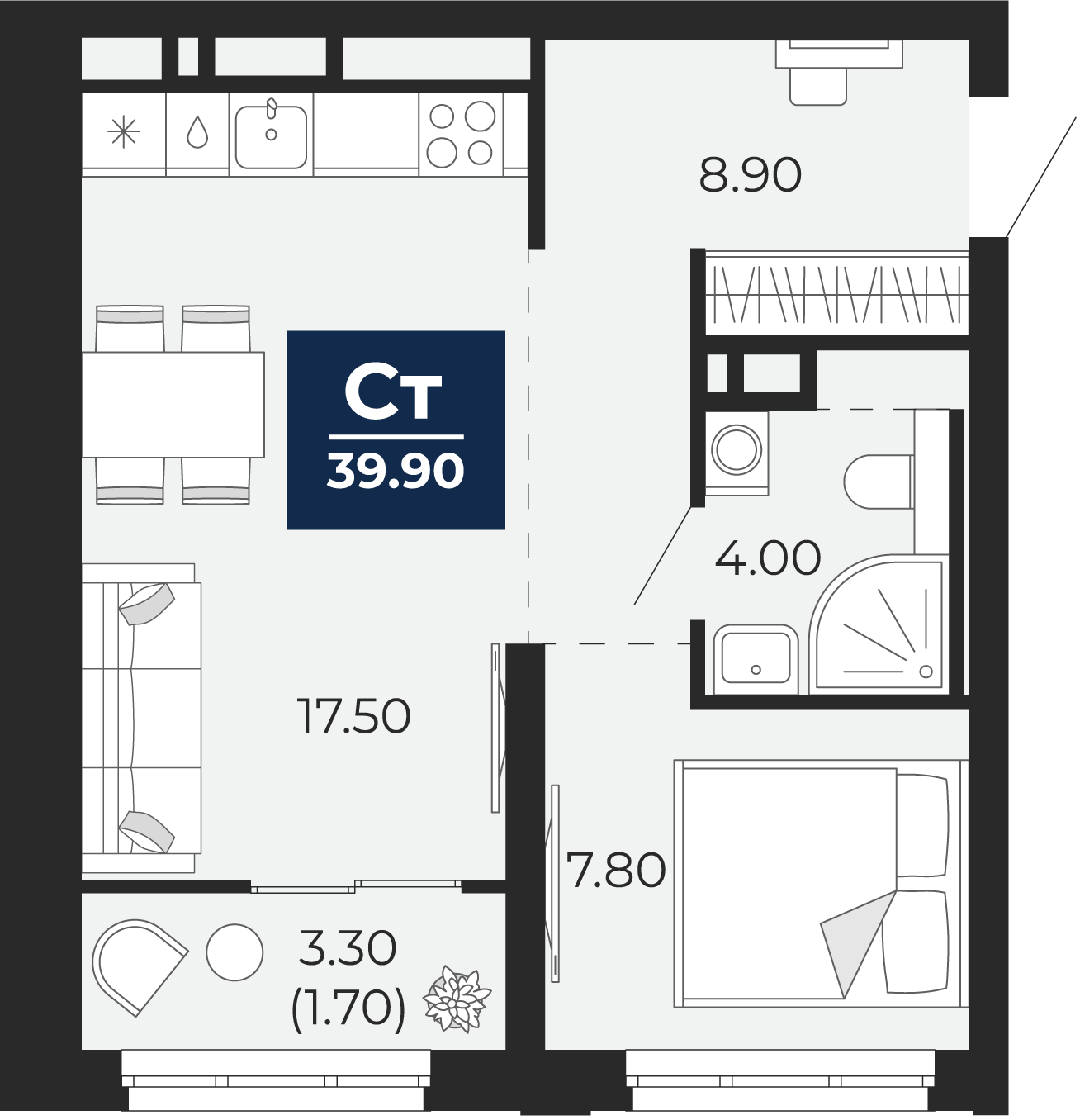 Квартира № 352, Студия, 39.9 кв. м, 18 этаж