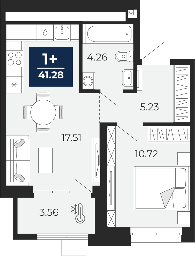 Планировка: Евродвушка 41.3 м² в ЖК Мириады, Мыс