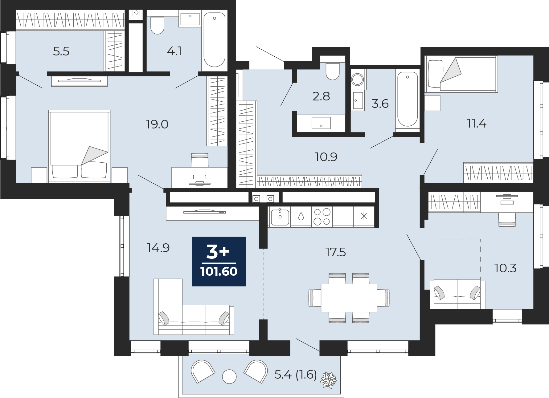 Квартира № 468, 3-комнатная, 105.4 кв. м, 14 этаж