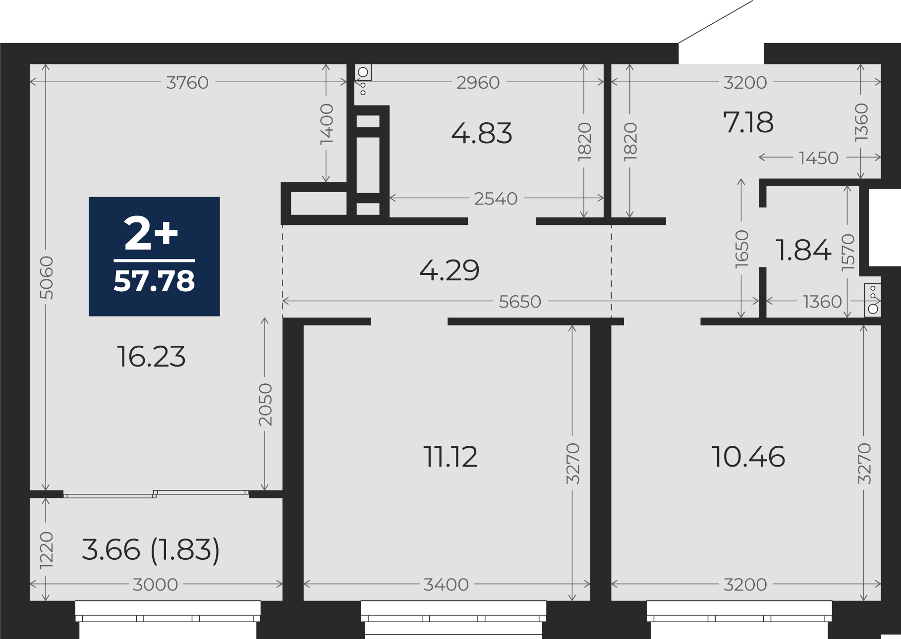 Квартира № 348, 2-комнатная, 57.78 кв. м, 2 этаж
