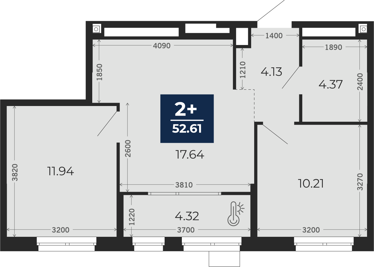 Квартира № 299, 2-комнатная, 52.61 кв. м, 15 этаж