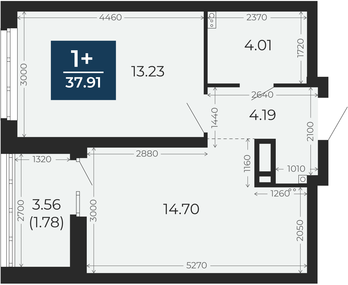 Квартира № 53, 1-комнатная, 37.91 кв. м, 2 этаж