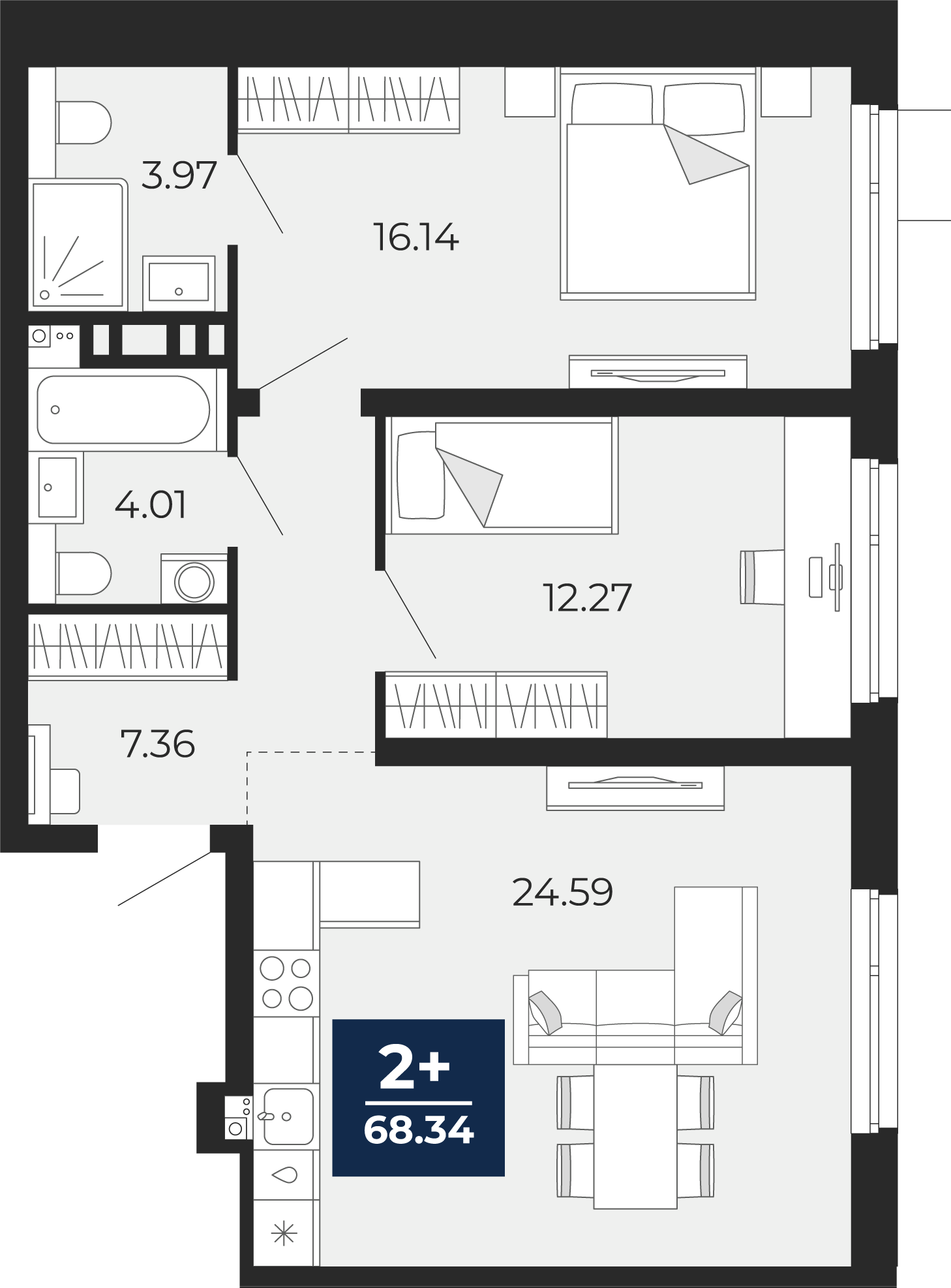 Квартира № 80, 2-комнатная, 68.34 кв. м, 11 этаж