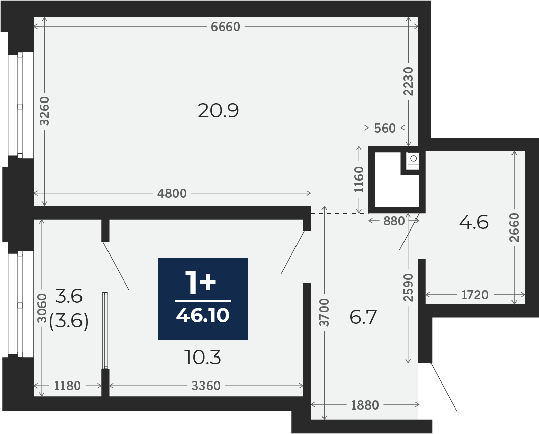 Квартира № 93, 1-комнатная, 46.1 кв. м, 13 этаж