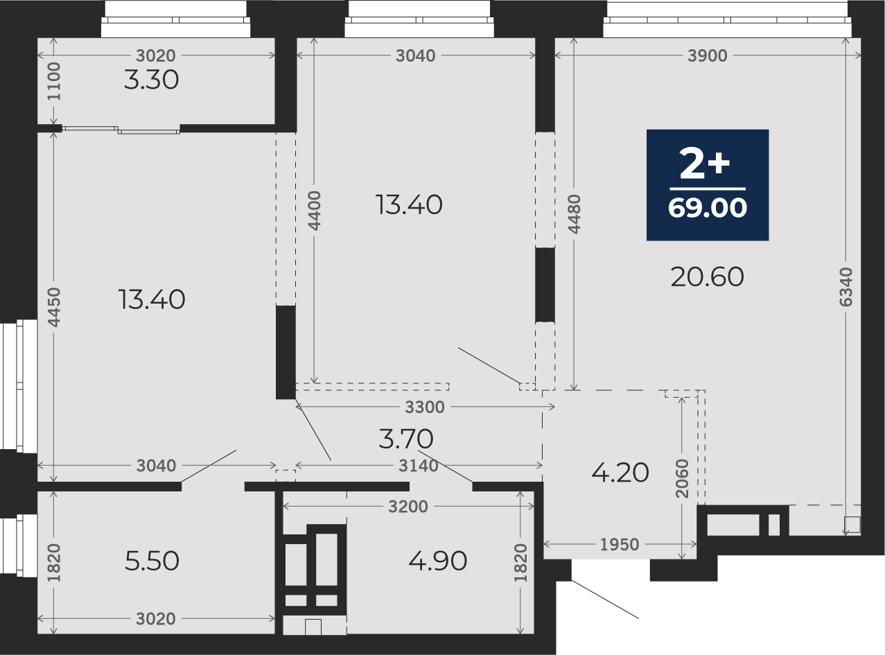 Квартира № 406, 2-комнатная, 69 кв. м, 11 этаж