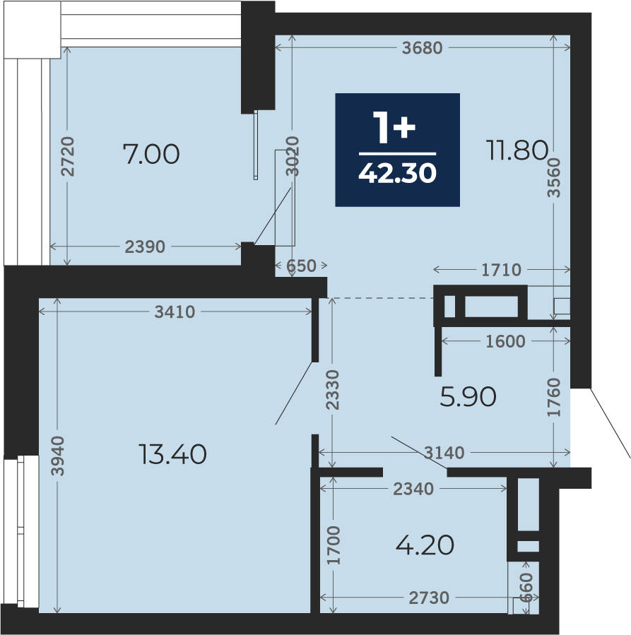 Квартира № 122, 1-комнатная, 42.3 кв. м, 16 этаж