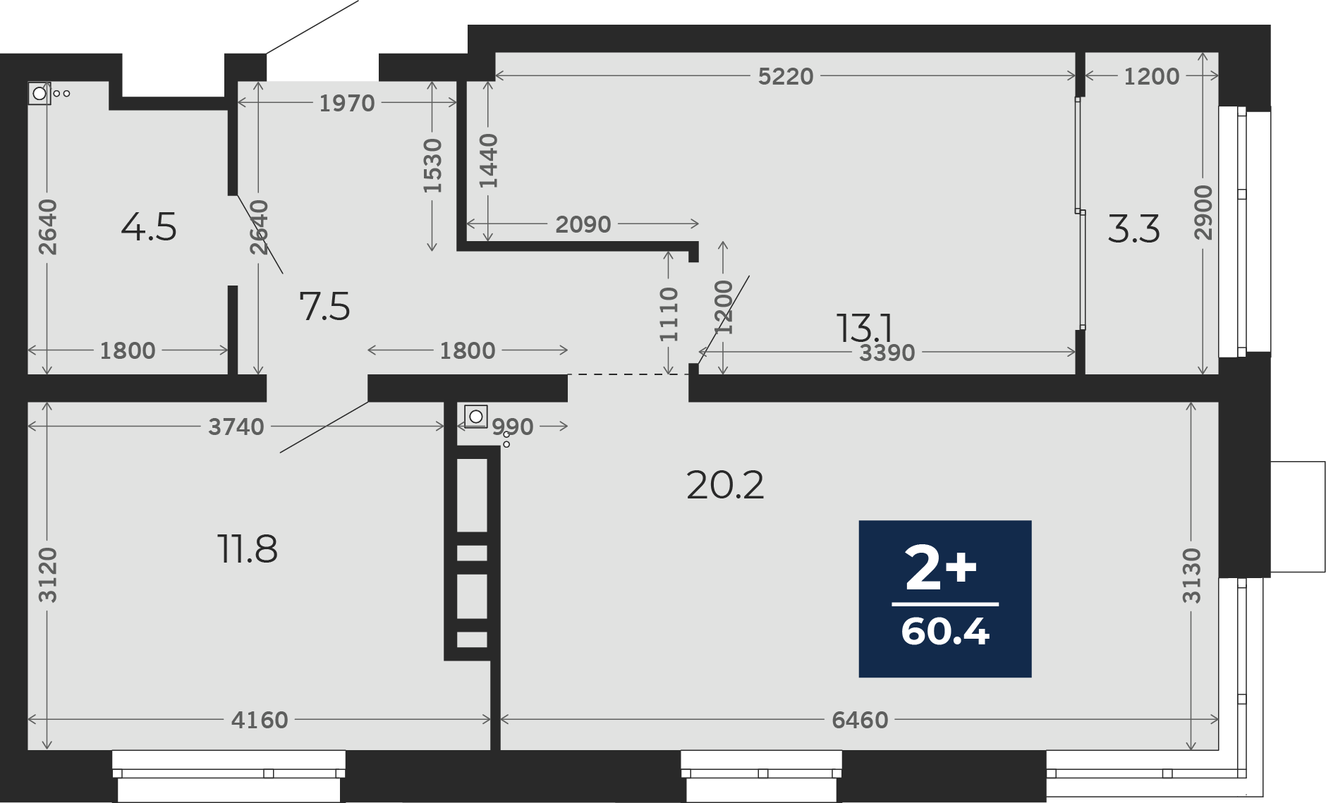 Квартира № 402, 2-комнатная, 61.57 кв. м, 14 этаж