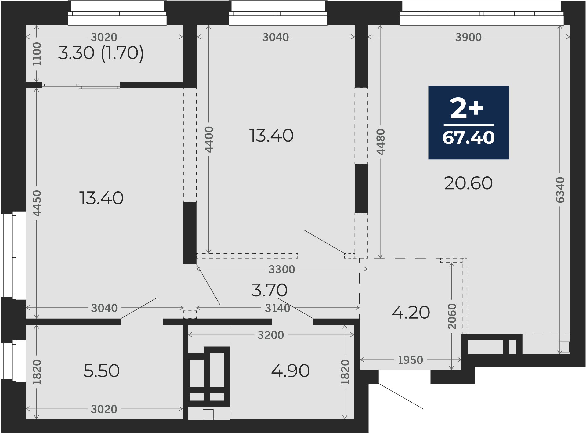 Квартира № 406, 2-комнатная, 67.4 кв. м, 11 этаж