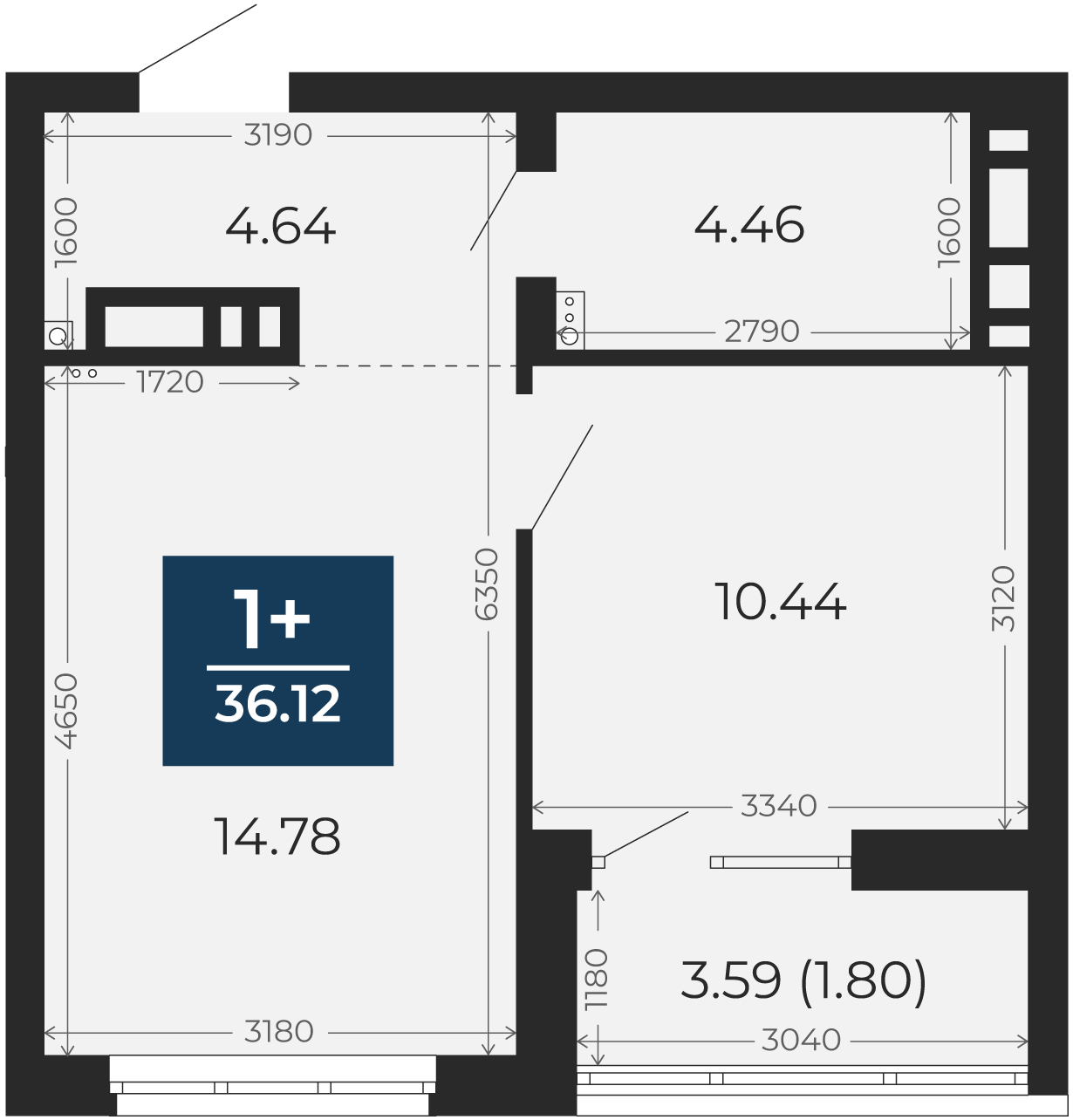 Квартира № 254, 1-комнатная, 36.12 кв. м, 15 этаж