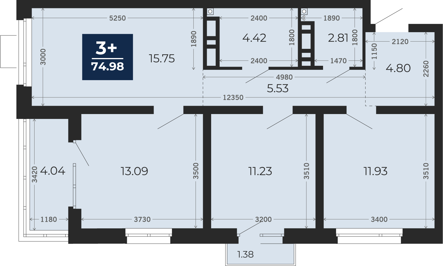 Квартира № 382, 3-комнатная, 71.99 кв. м, 12 этаж