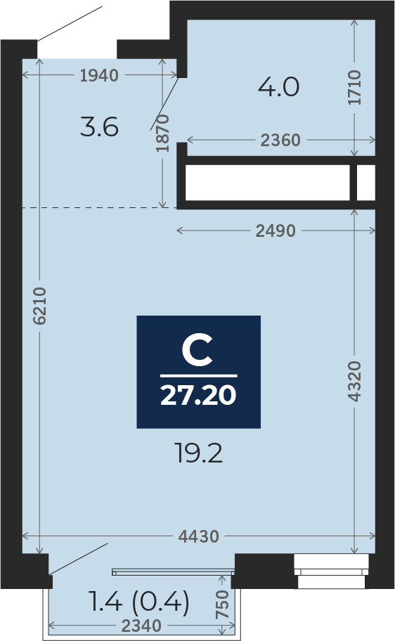 Квартира № 187, Студия, 27.2 кв. м, 15 этаж