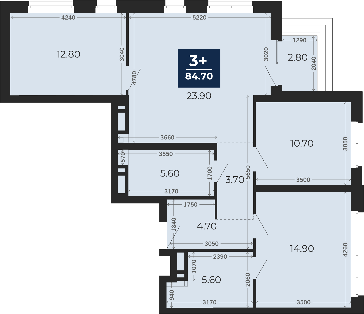 Квартира № 118, 3-комнатная, 84.7 кв. м, 15 этаж