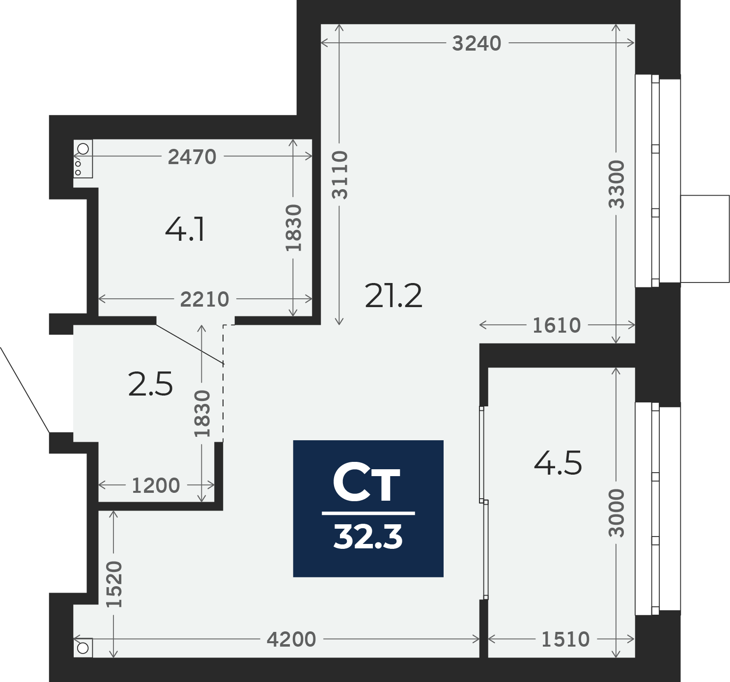 Квартира № 451, Студия, 32.98 кв. м, 5 этаж