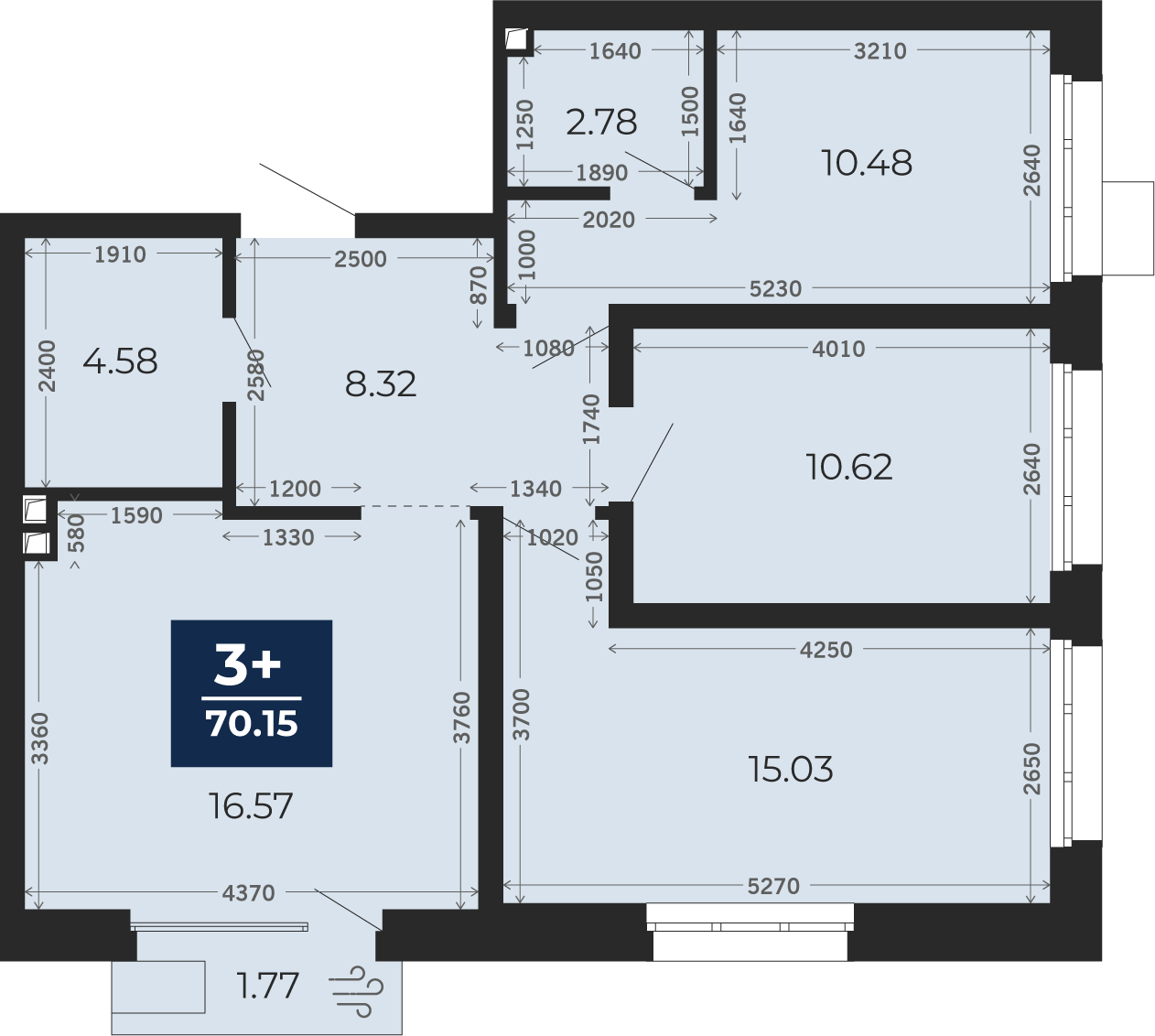 Квартира № 604, 3-комнатная, 68.91 кв. м, 2 этаж