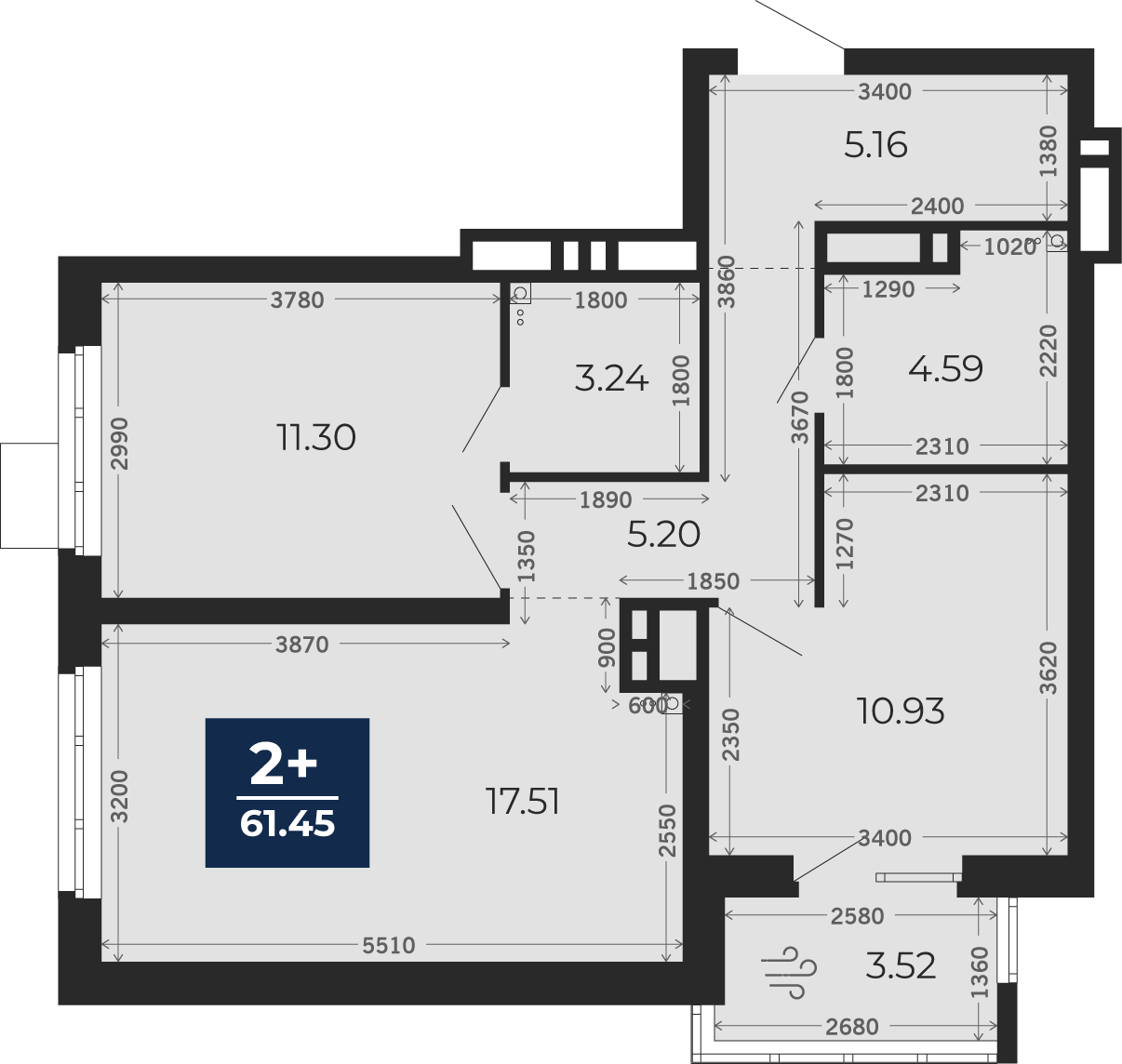 Квартира № 7, 2-комнатная, 58.99 кв. м, 2 этаж