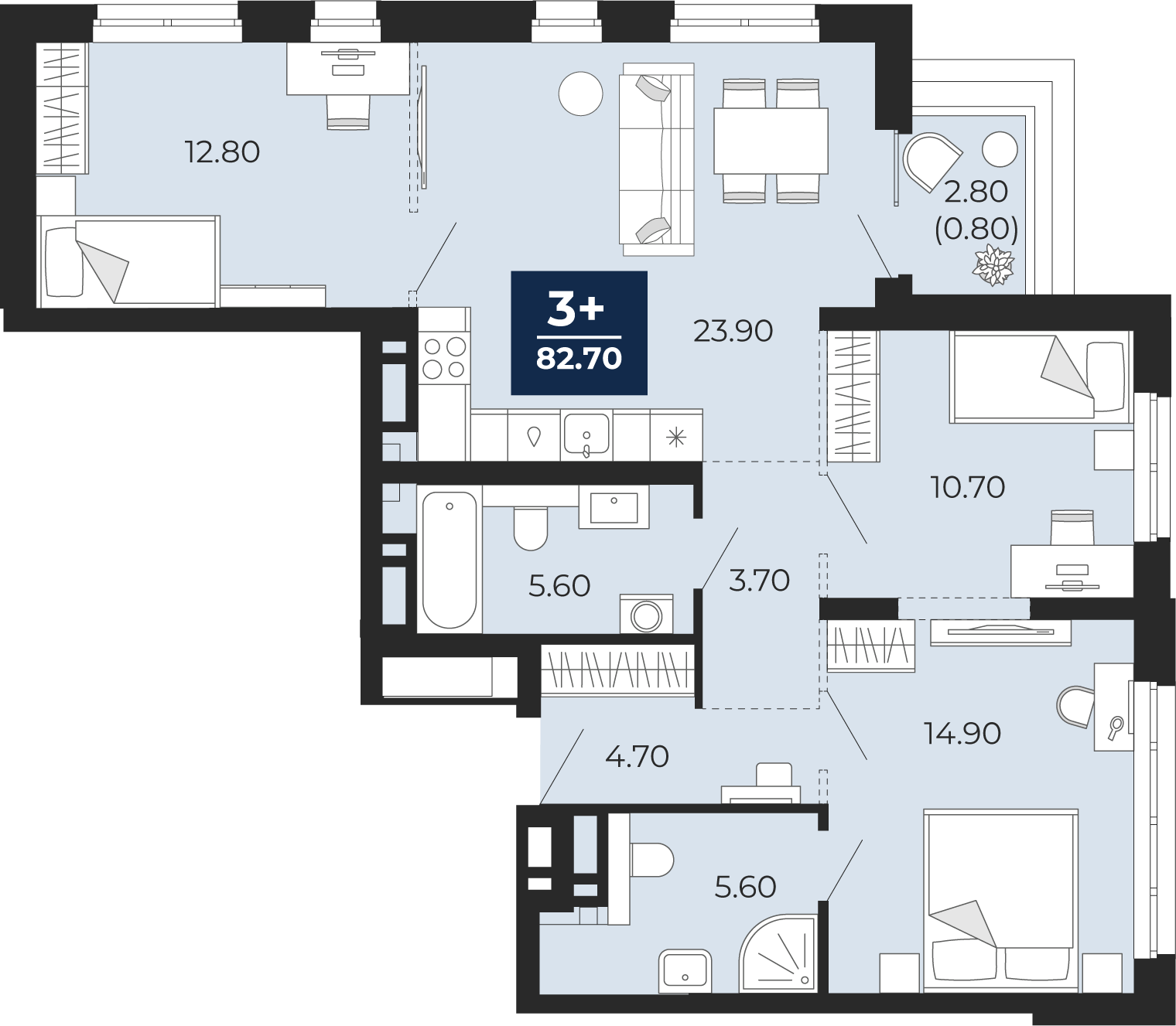 Квартира № 118, 3-комнатная, 82.7 кв. м, 15 этаж