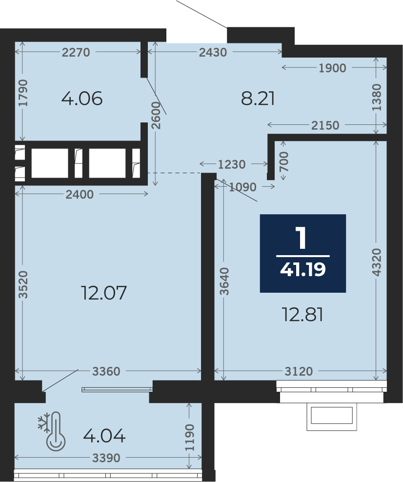 Квартира № 11, 1-комнатная, 41.19 кв. м, 2 этаж