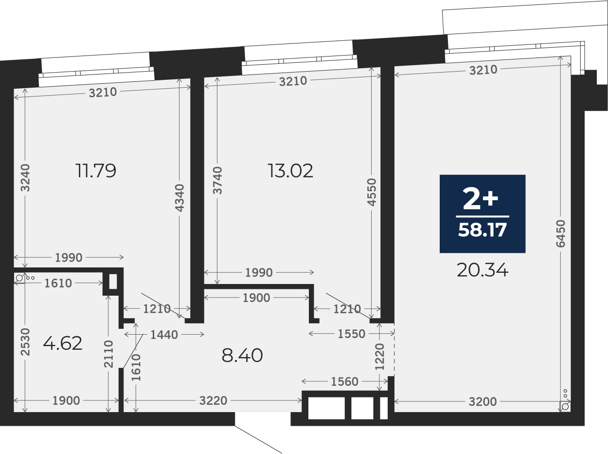 Квартира № 8, 2-комнатная, 58.17 кв. м, 2 этаж