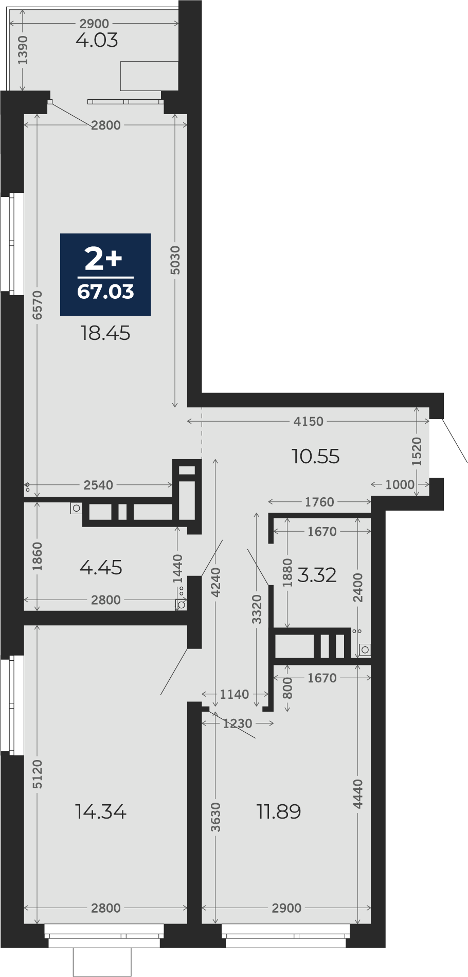 Квартира № 154, 2-комнатная, 67.03 кв. м, 20 этаж