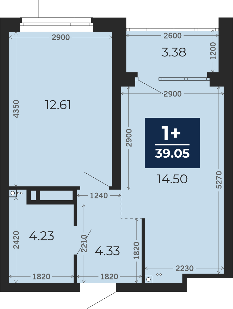 Квартира № 242, 1-комнатная, 39.05 кв. м, 14 этаж