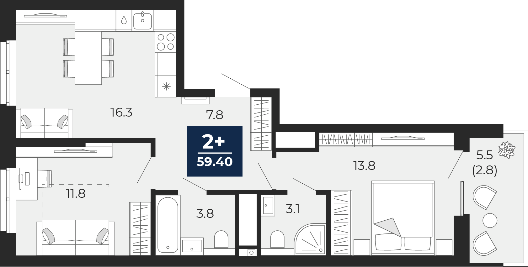 Планировка: Евротрешка 62.1 м² в ЖК Мириады, Мыс