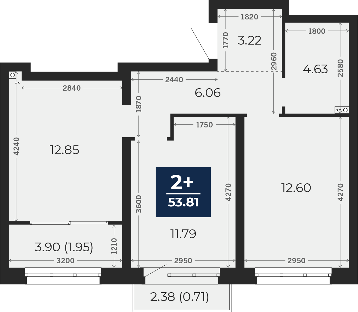 Квартира № 577, 2-комнатная, 53.81 кв. м, 7 этаж