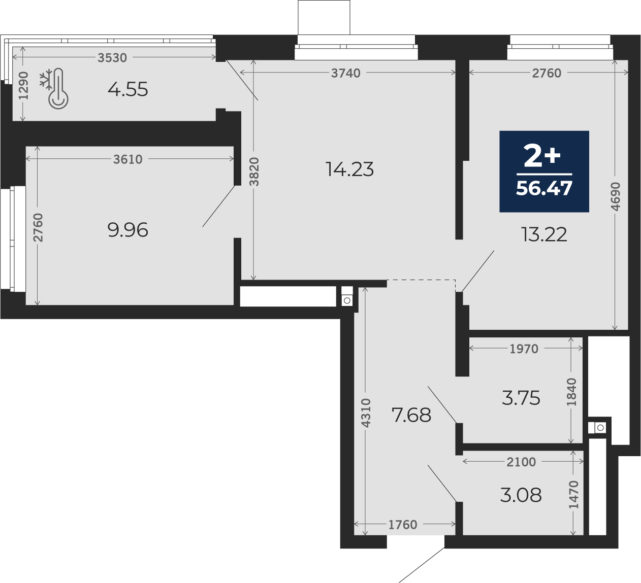 Квартира № 56, 2-комнатная, 56.47 кв. м, 8 этаж