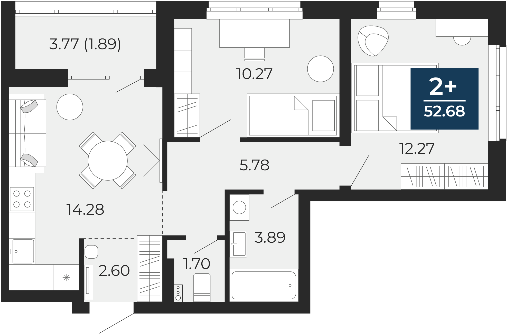 Квартира № 269, 2-комнатная, 52.68 кв. м, 2 этаж
