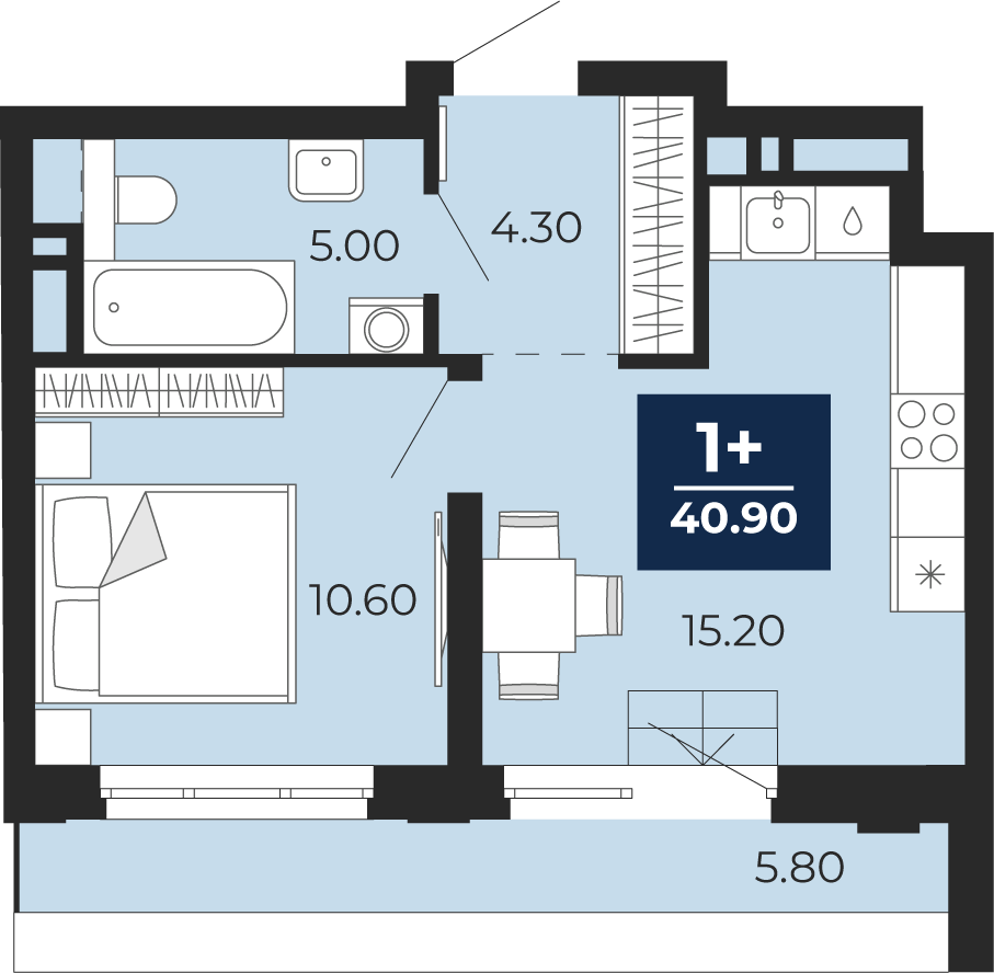 Квартира № 345, 1-комнатная, 40.9 кв. м, 17 этаж