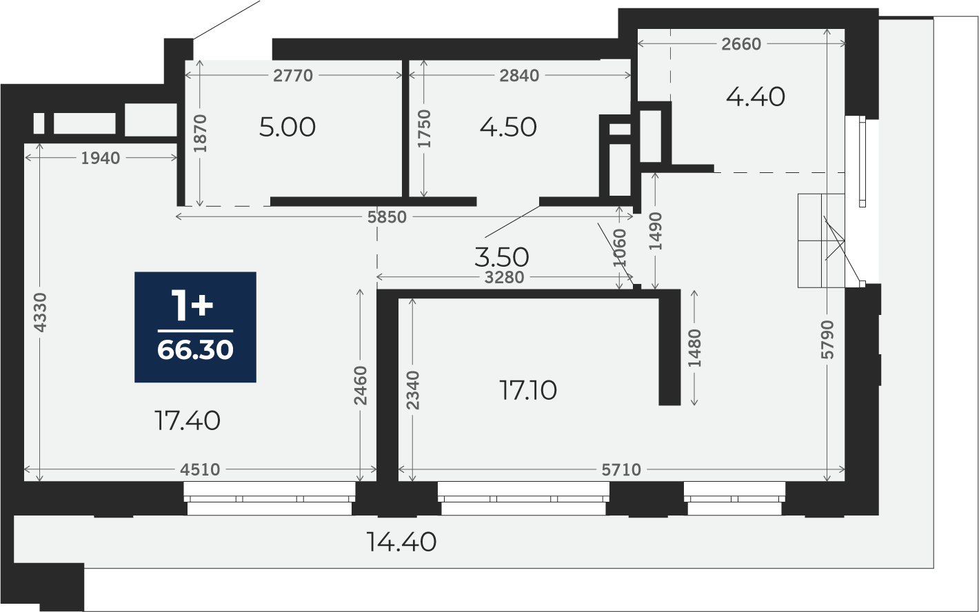 Квартира № 350, 1-комнатная, 66.3 кв. м, 17 этаж