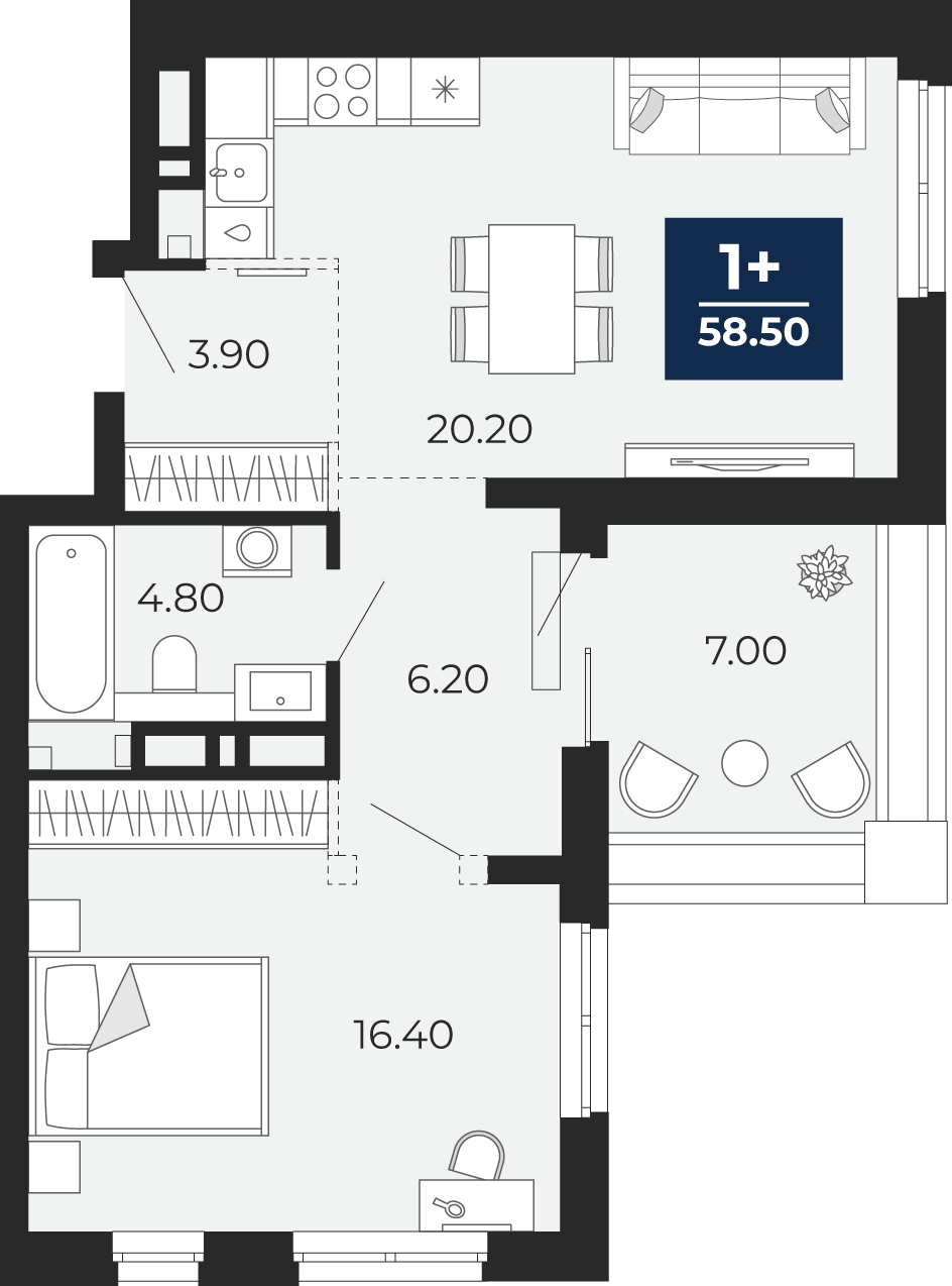 Планировка: Евродвушка 58.5 м² в ЖК Айвазовский, 5-й Заречный