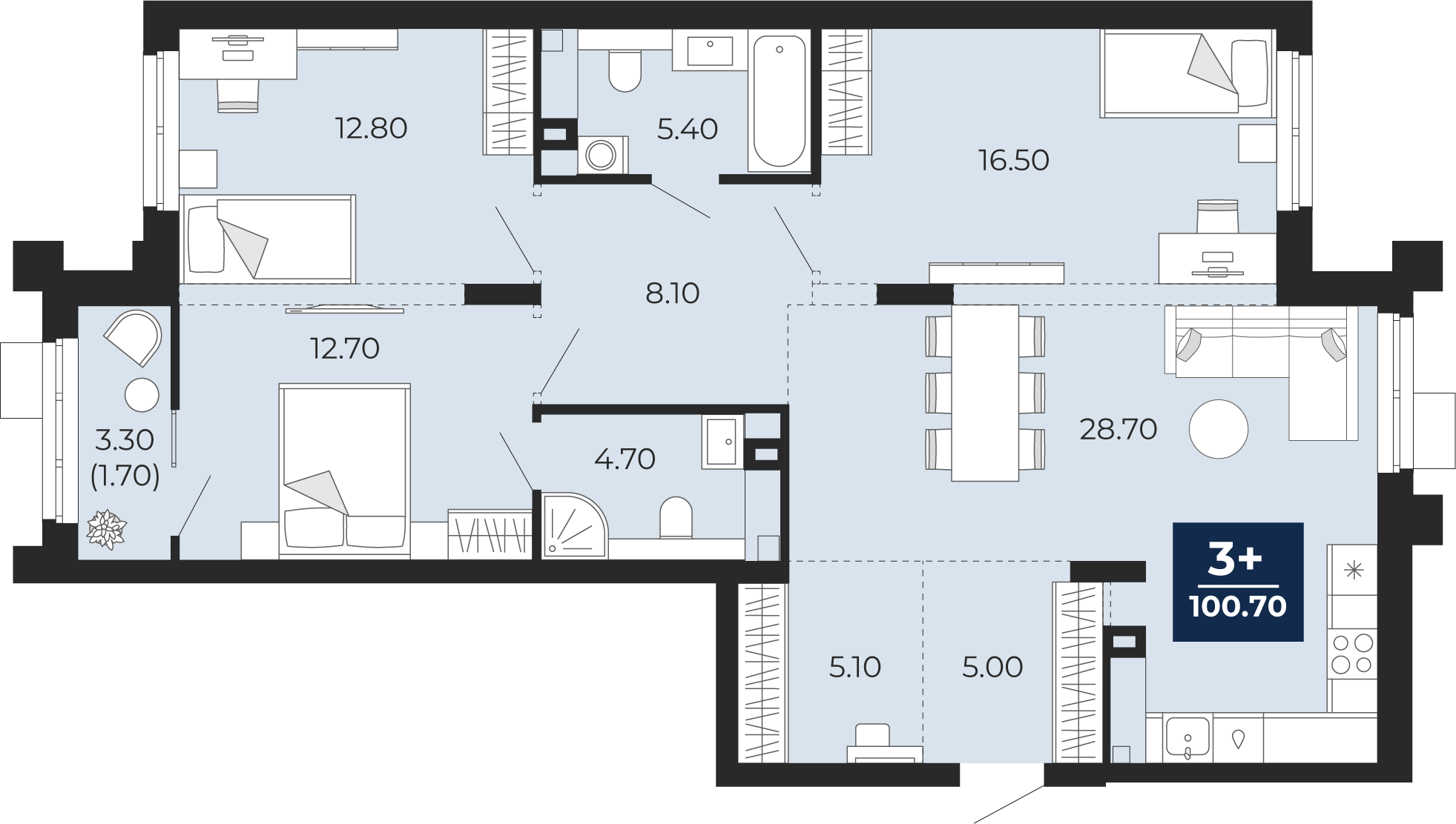 Квартира № 6, 3-комнатная, 102.3 кв. м, 2 этаж