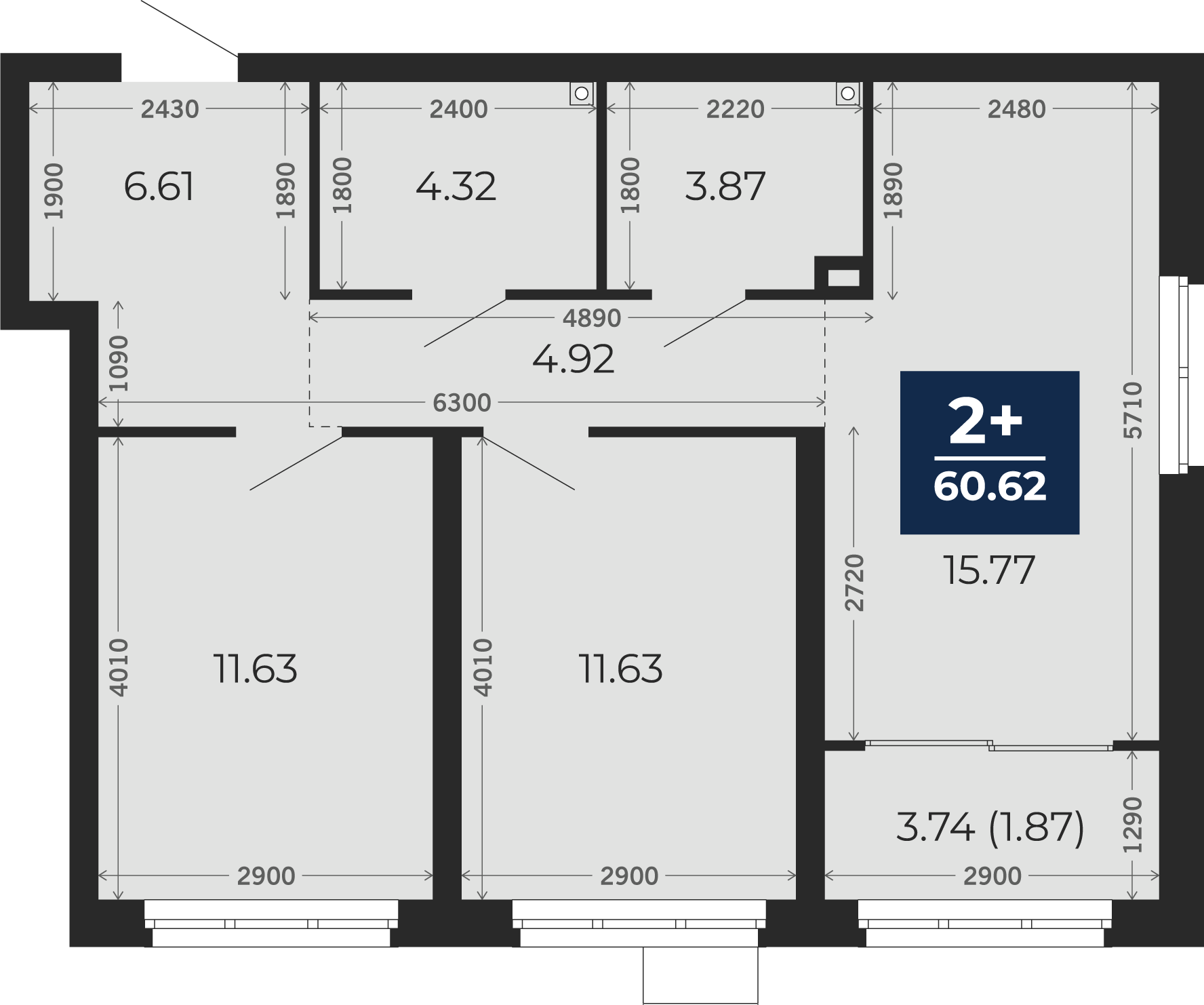 Квартира № 89, 2-комнатная, 60.62 кв. м, 1 этаж