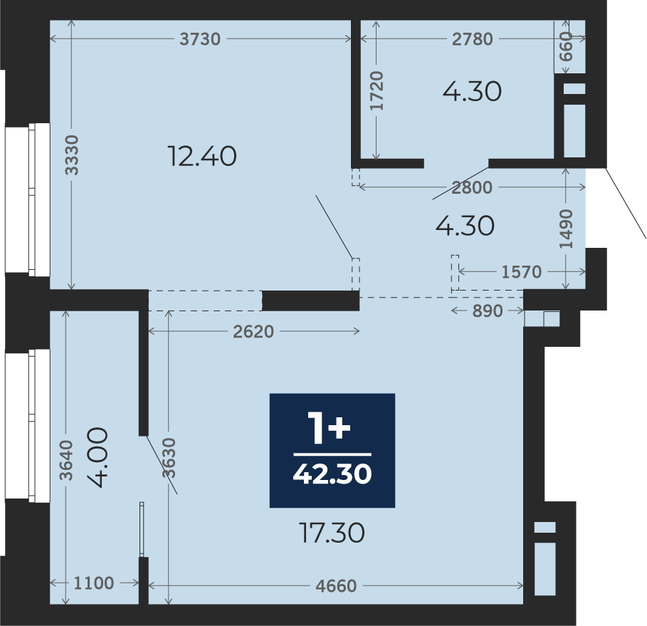 Квартира № 91, 1-комнатная, 42.3 кв. м, 10 этаж
