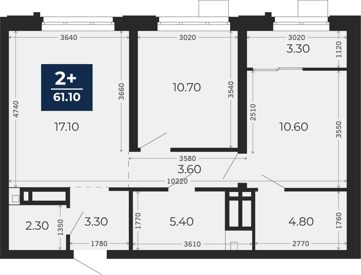 Квартира № 150, 2-комнатная, 61.1 кв. м, 9 этаж