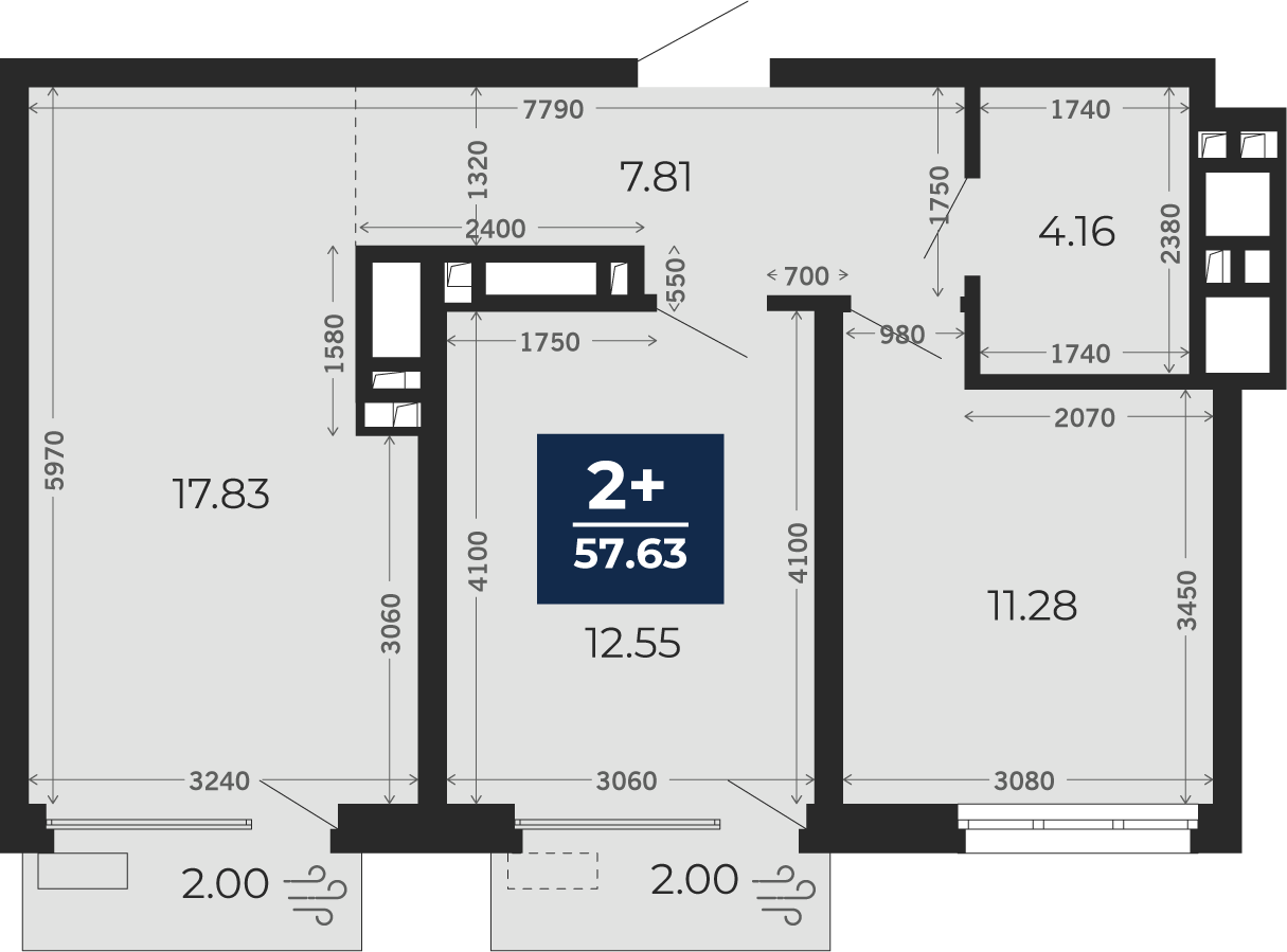 Квартира № 312, 2-комнатная, 57.63 кв. м, 18 этаж