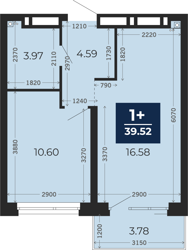 Квартира № 266, 1-комнатная, 39.52 кв. м, 16 этаж