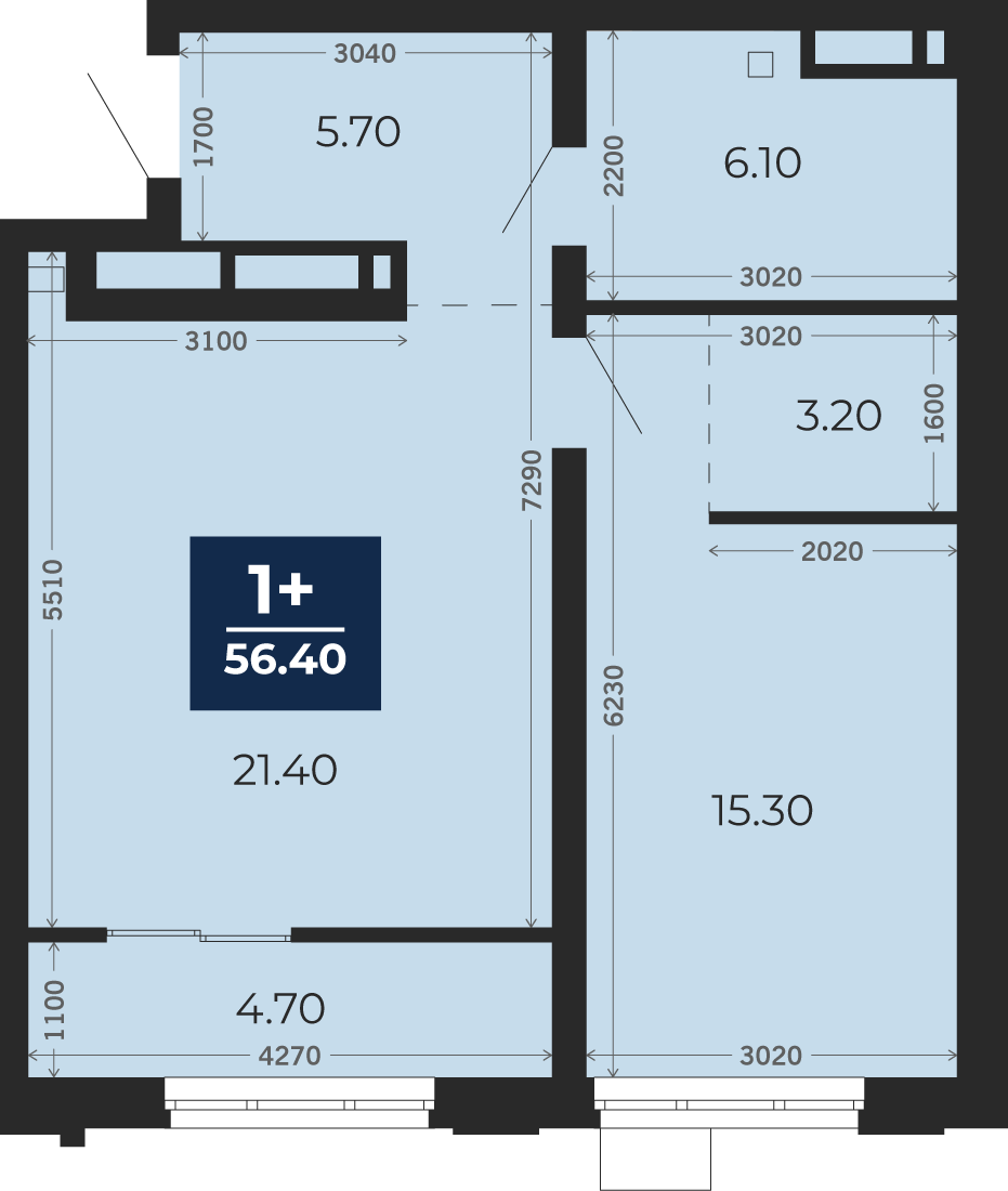 Квартира № 165, 1-комнатная, 56.4 кв. м, 11 этаж