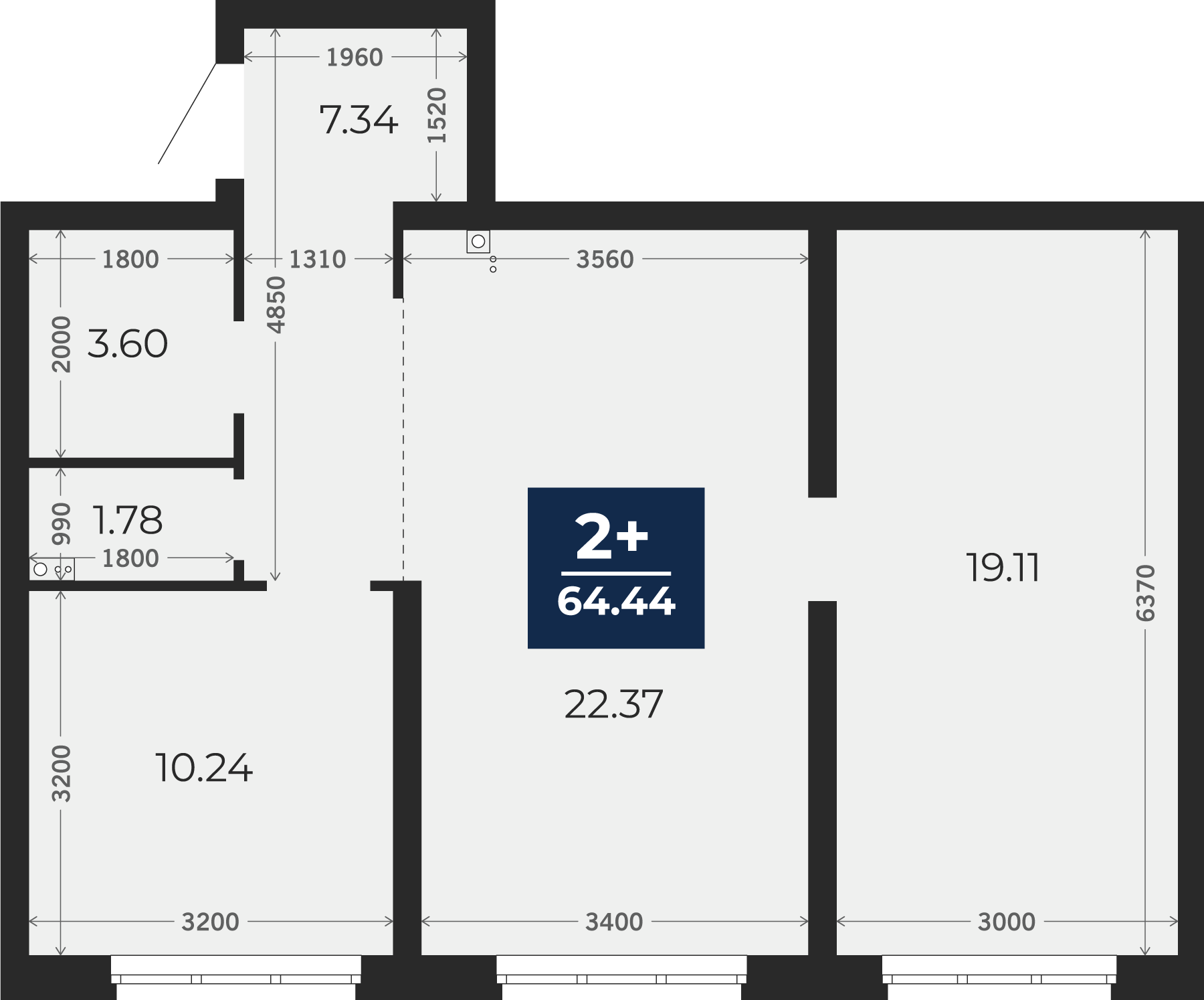 Квартира № 217, 2-комнатная, 64.44 кв. м, 1 этаж