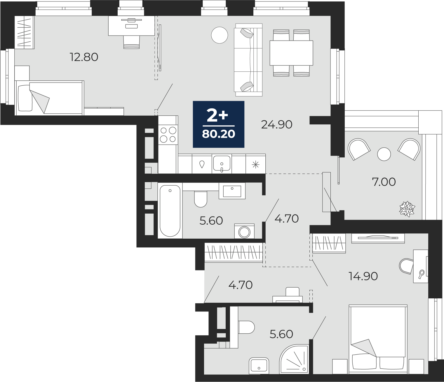 Квартира № 123, 2-комнатная, 80.2 кв. м, 16 этаж