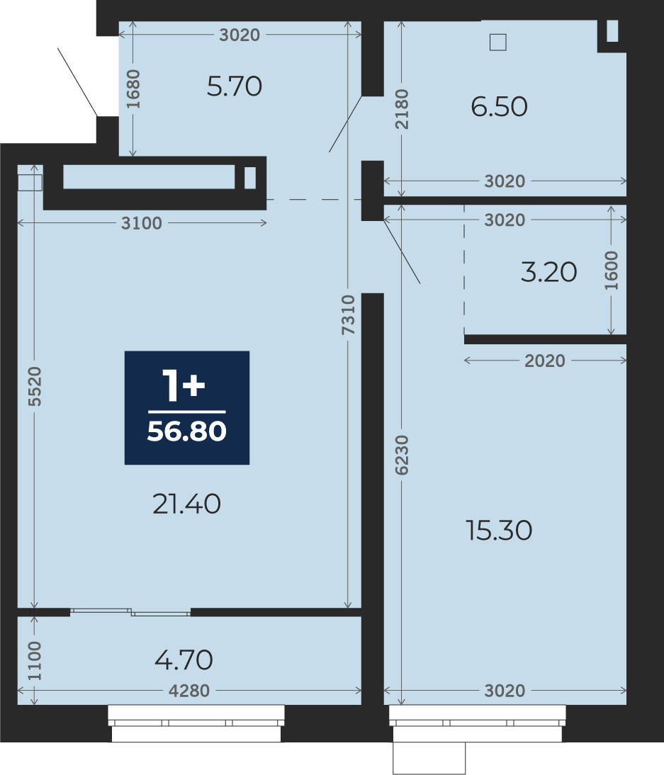 Квартира № 102, 1-комнатная, 56.8 кв. м, 2 этаж